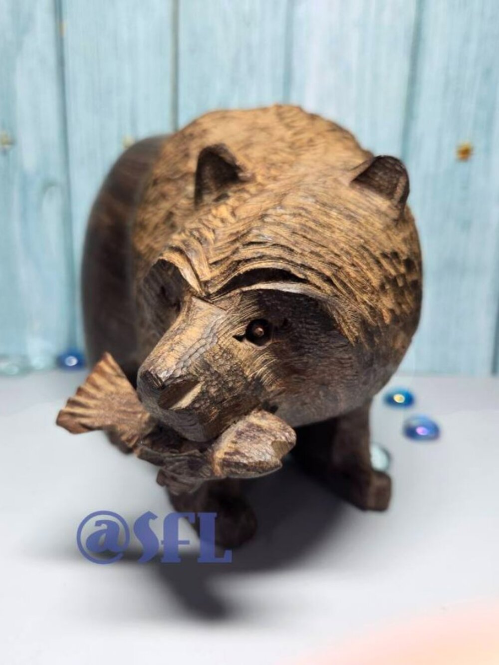 Ironwood Hand Carved Bear With Fish Figurine Heavy Dense Sculpted Great Details